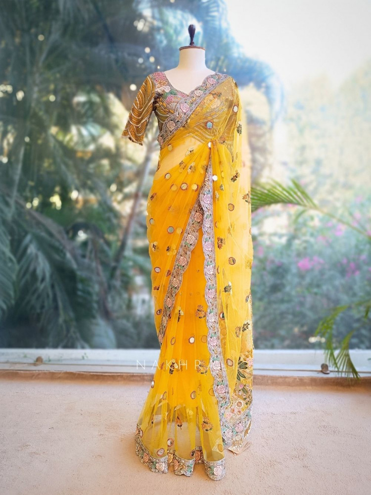 Image of Amber Shine Yellow Net Saree with Zari, Sequins and Thread Embroidery