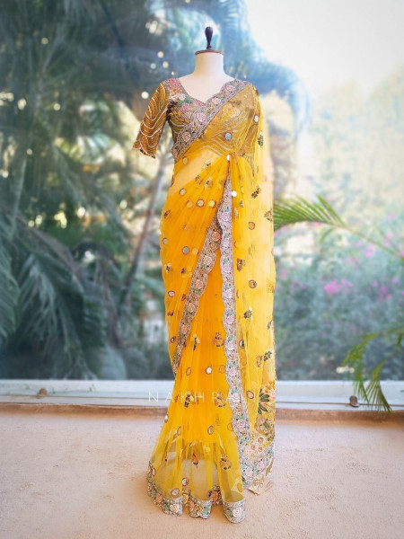 Amber Shine Yellow Net Saree with Zari, Sequins and Thread Embroidery
