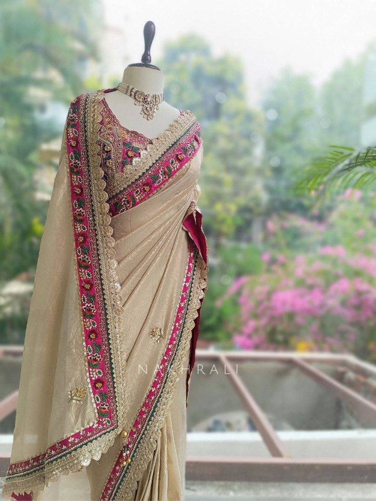 Image of Merona Magenta Saree with Zari Sequin Beads and Cut Dana Work