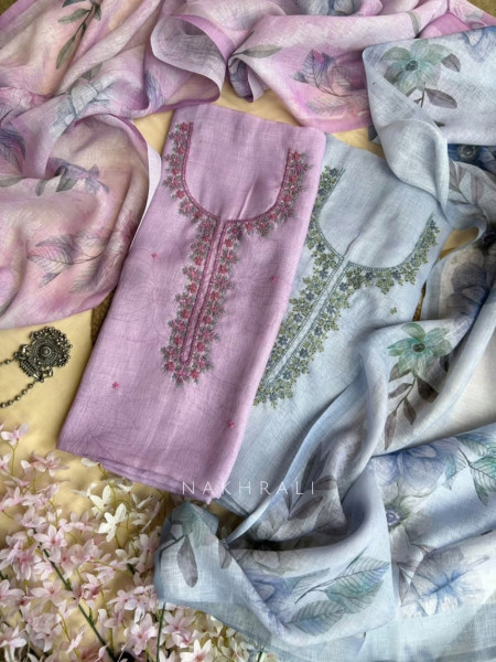Phoolika Blue & Pink Linen Blend Dress Material