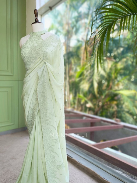 Oshni Light Green Saree with Readymade Halter Blouse