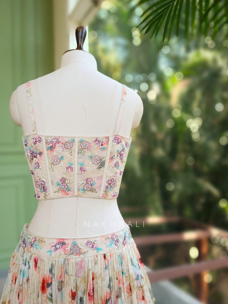 Aarvi Cream Floral Printed Lehenga with Sequin Corset Blouse
