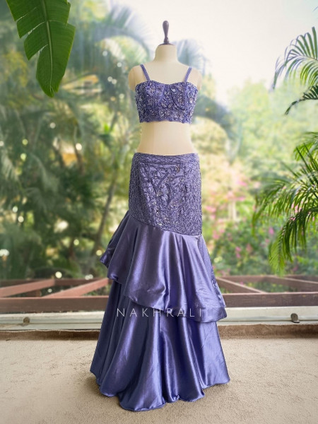Arista Purple Satin Indo-Western Lehenga with Sequin Bead Work
