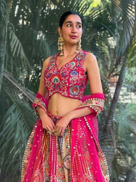 Kaira Multicolor Lehenga Set with Embroidered Blouse and Net Dupatta