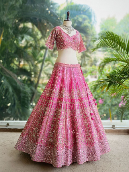 Aarvi Pink Raw Silk Lehenga with Beads, Sequins and Mirror Work
