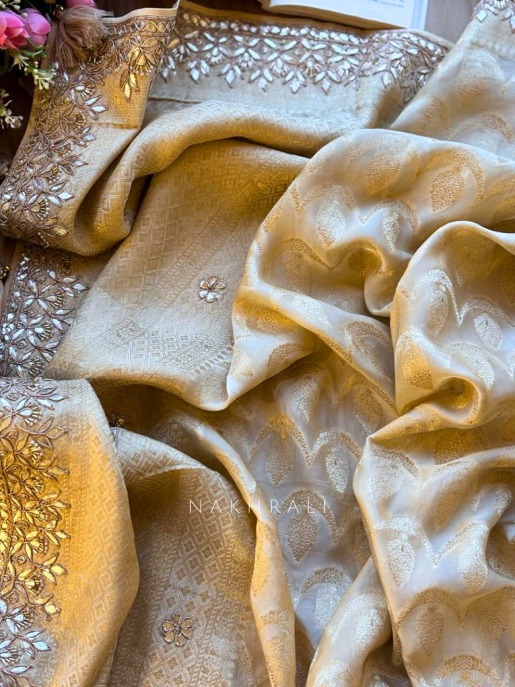 Image of Varnika Cream Banarasi Saree with Gota Border