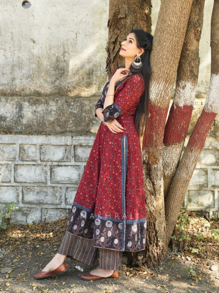 Noori Red Cotton Flared Kurta Pant Set