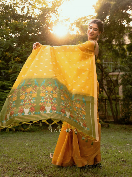 Mayur Mehendi Green Chanderi Saree with Floral Ikat Print