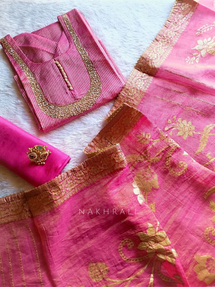 Image of Noorline Glow Magenta Semi-stitched Dress Material with Sequin and Cut Dana Work