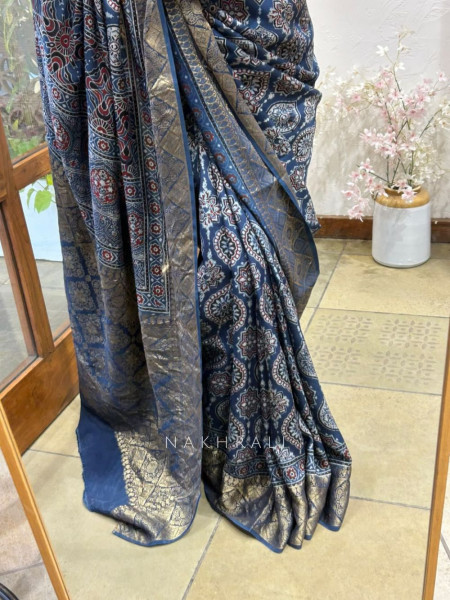 Indivelle Blue Dola Silk Ajrakh Printed Saree