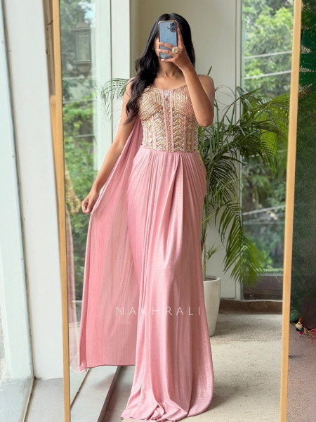 Sohvi Pink Drape Gown with Bead, Sequin, Cut Dana and Mirror Work