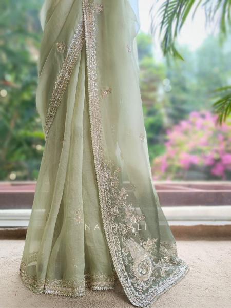 Oshini Pista Green Saree with Readymade Blouse