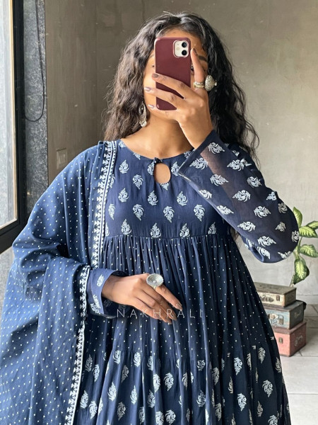 Mihira Blue Cotton Anarkali Suit Set with Printed Dupatta