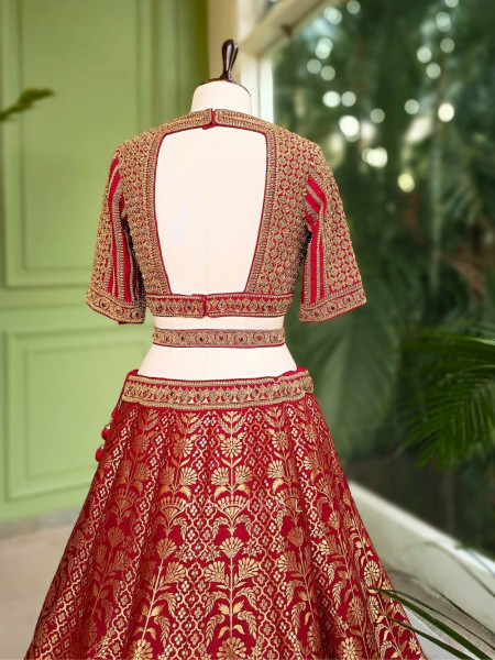Veerangana Red Silk Bridal Lehenga with Zari Weave