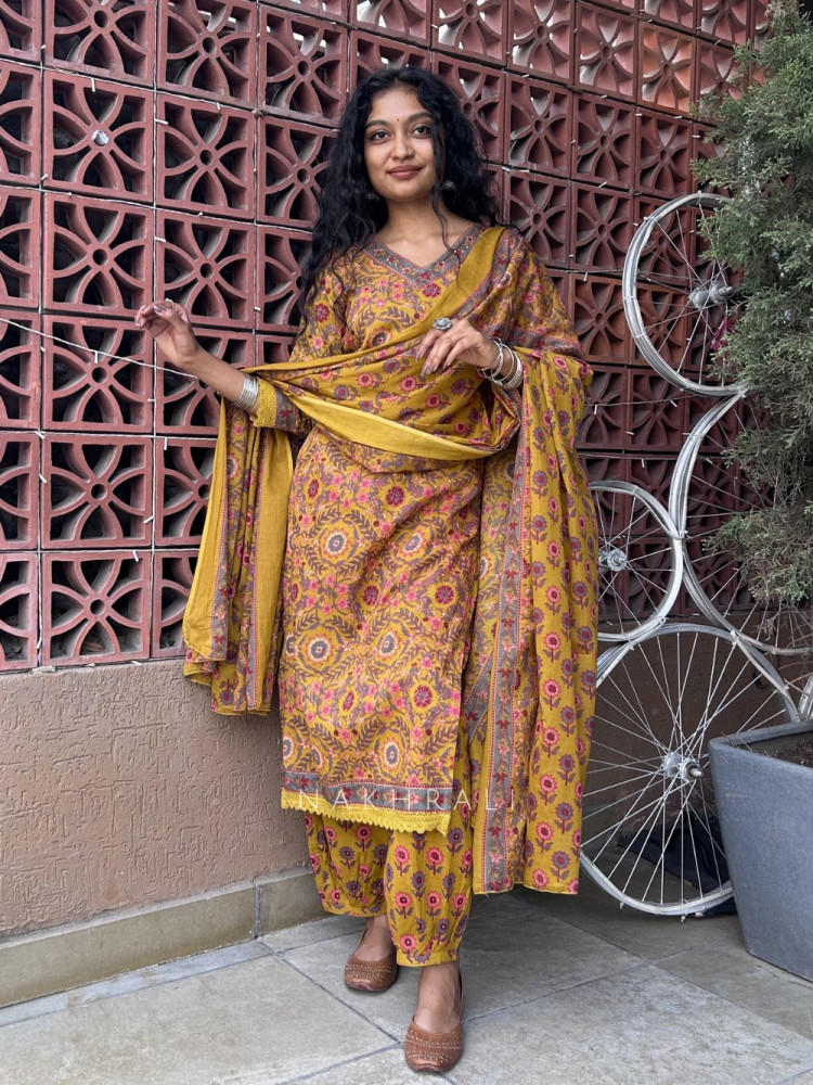 Image of Kritika Mustard Cotton Suit Set with Floral Print