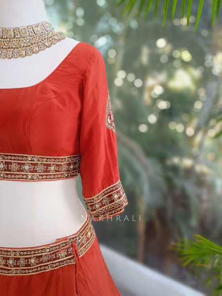 Vrishti Brick Lehenga Set with Peacock and Sequin Embroidery