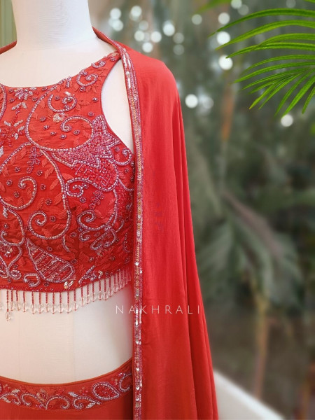 Tivara Orange Thread and Cut Dana Embroidered Lehenga Set