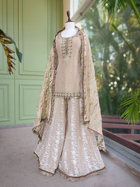 Swarnak Beige Suit Set with Zari Embroidery Work
