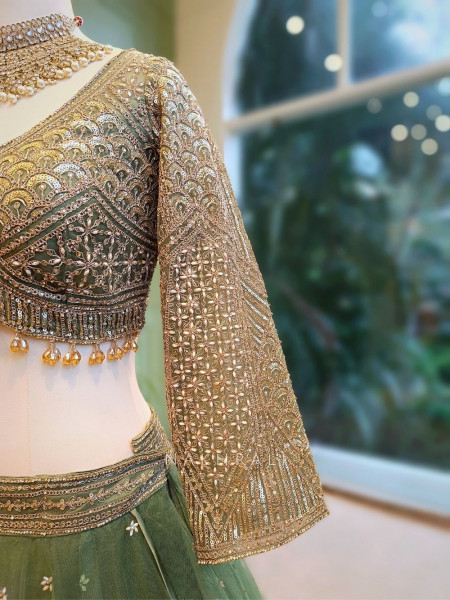 Lustre Enchant Sage Green Net Lehenga with Heavy Embroidered Blouse