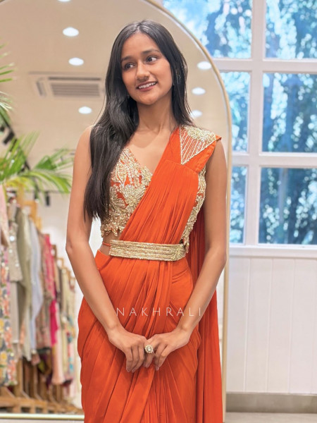 Solmira Orange Drape Saree with Sequin Zari Work