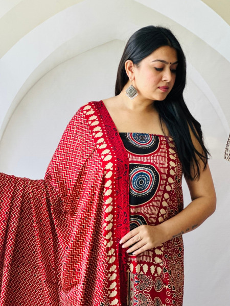 Naiyara Red Printed Modal Silk Dress Material