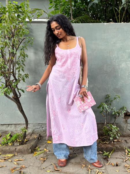 Sunbreeze Pink Cotton Chikankari Sleeveless Kurti with Embroidery