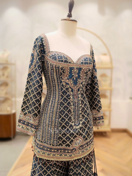 Kiyana Grey Tissue Kurta Palazzo Set with Banarasi Dupatta