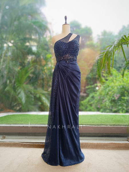 Stellar Navy Blue Cutdana One-Shoulder Ensemble Gown