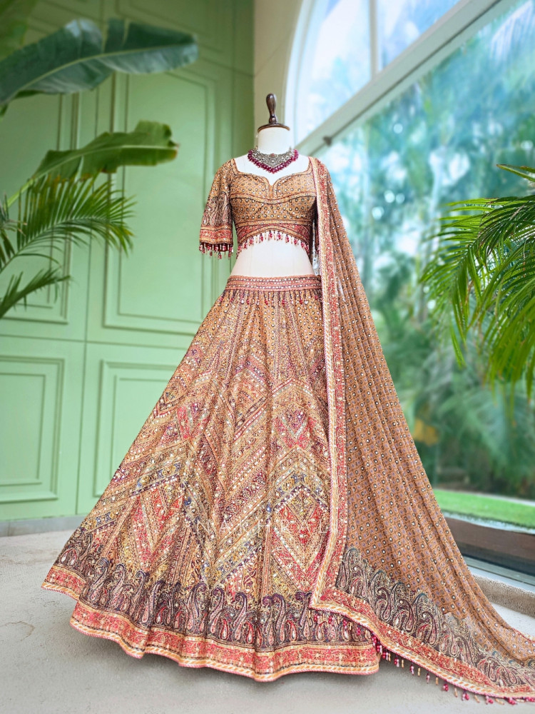 Image of Burnt Orange Silk Lehenga Set With Marodi, Gota Patti &amp; Mirror Work