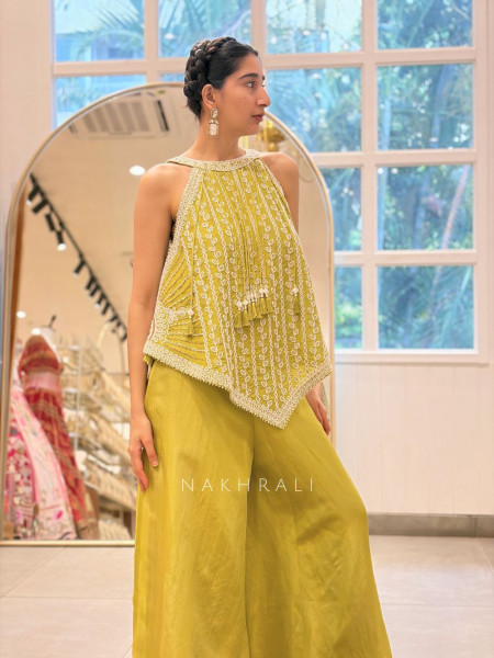 Citrine Parrot Green Indo Western Palazzo Set with Bead Work & Tassel Neck Detail