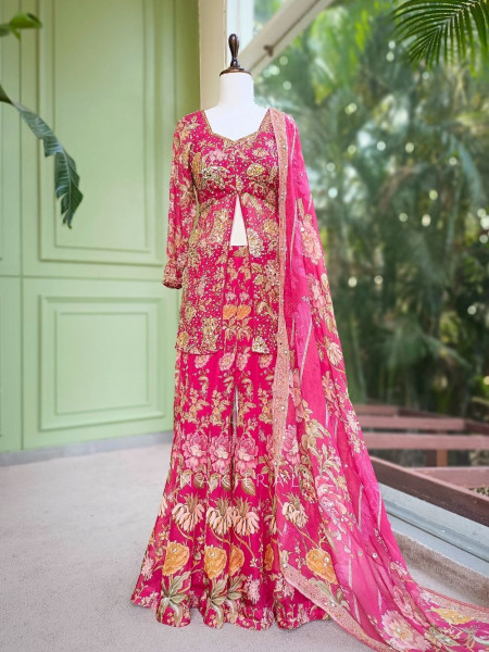 Sumreen Georgette Kurta Palazzo Set With Floral Print with Sequin & Mirror Work