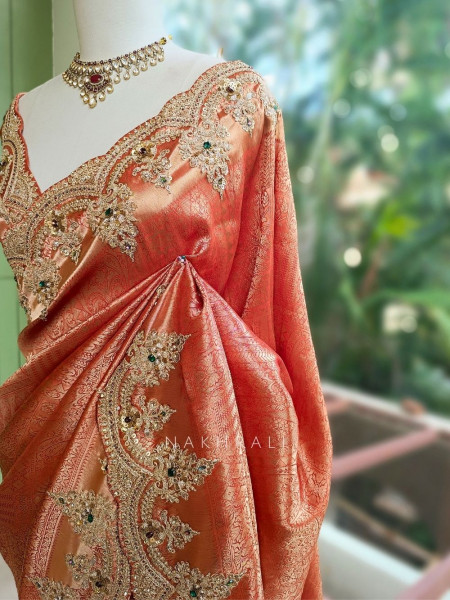 Kashida  Brick Kanjivaram Saree with Zari and Sequin Border