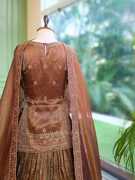 Sultana Shimmer Brown Tissue Silk & Organza Peplum Lehenga Set