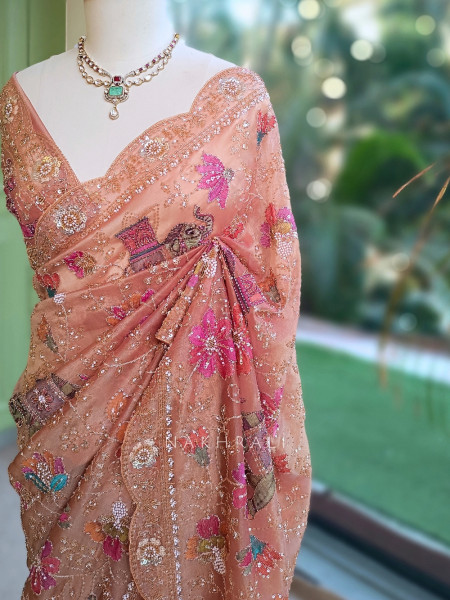 Noor-e-Afsanah Peach Organza Saree with Royal Elephant Motifs