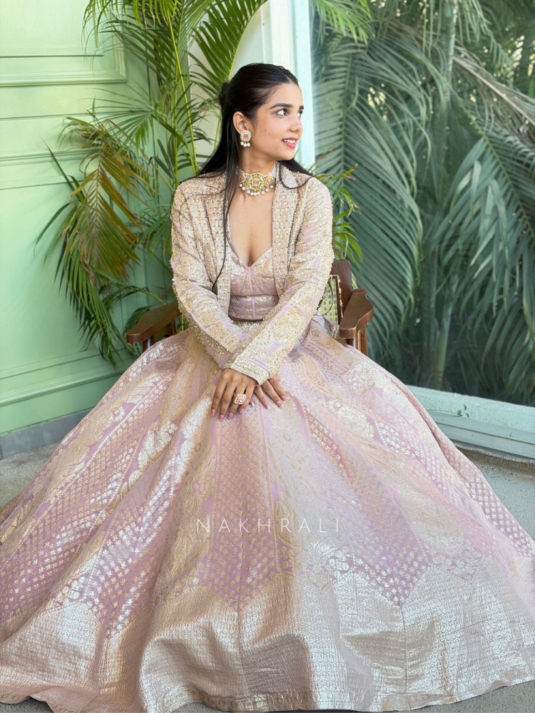 Image of Eloria Pink Banarasi Indo-Western Lehenga Set with Stone Work