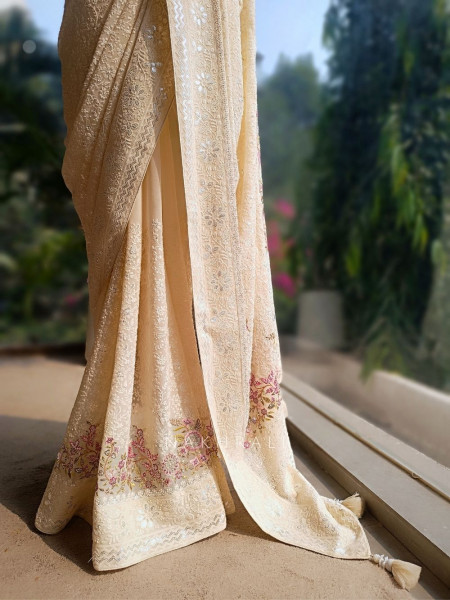 Ecru Grace Cream Embroidered Elegance Saree with Sequin Detailing