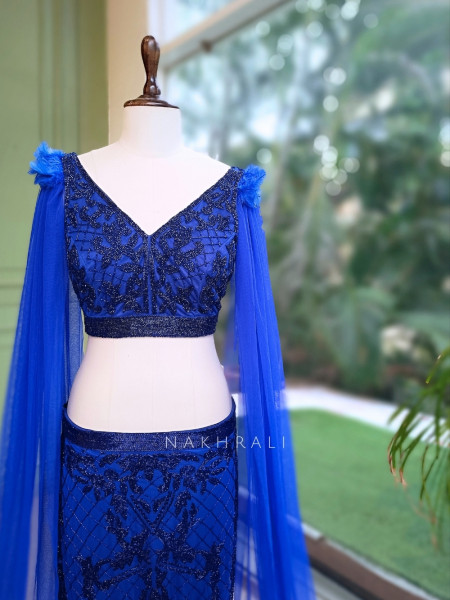 Nova Blue Crop Top & Skirt Set with Cut Dana Work
