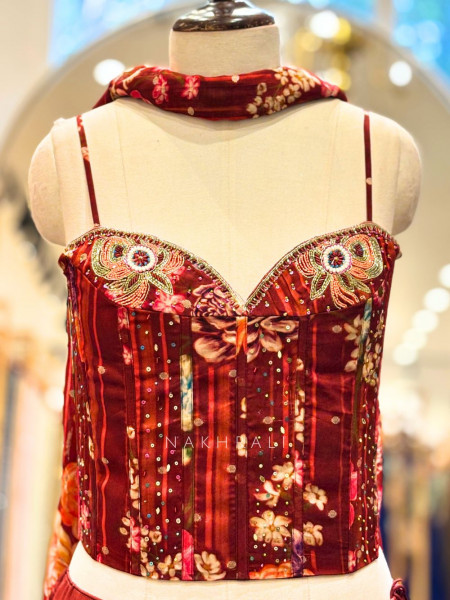 Camille Maroon Corset Lehenga Set with Cut Dana and Sequin Work