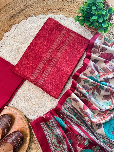 Floral Maroon Elegance Printed Dress Material Set with Statement Dupatta