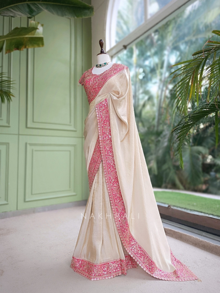 Image of Rooh Beige Saree with Readymade Blouse With Zardozi Paisley Work