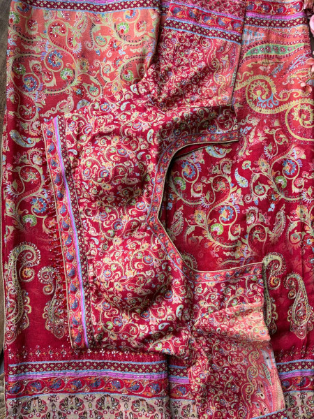 Paisley Printed Red Saree with Stone Embellished Readymade Blouse