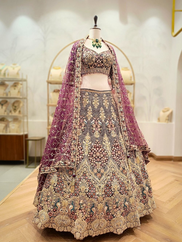 Image of Amira Wine Embroidered Net Lehenga with Sequin Work