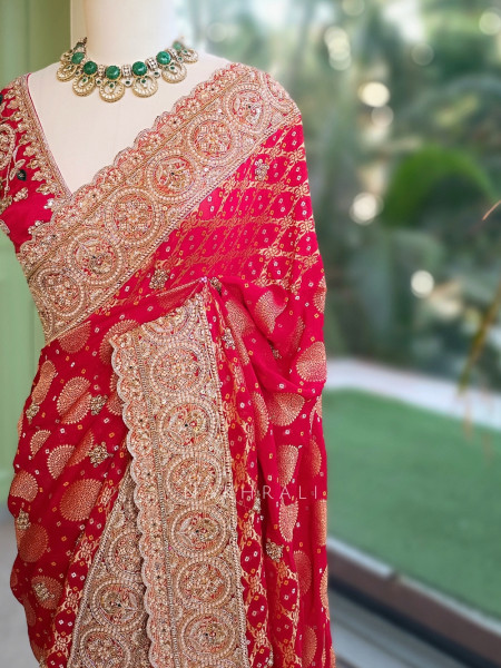 Gazal Red Red Georgette Silk Saree with Bandhani Print