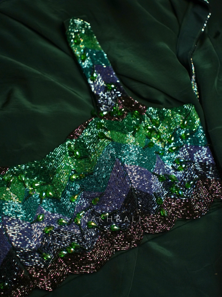 Image of Afsoon-e-Zamarrad Emerald Green Satin Georgette Saree with Readymade Blouse
