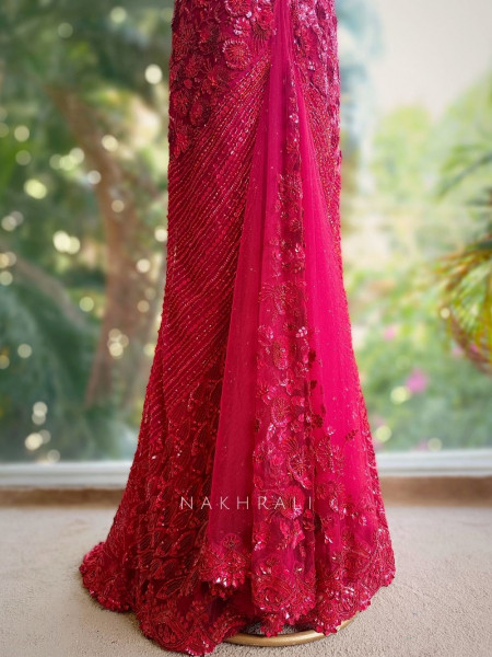 Aarvah Red Pre-Draped Saree with Sequin, Cut Dana & Bead Work