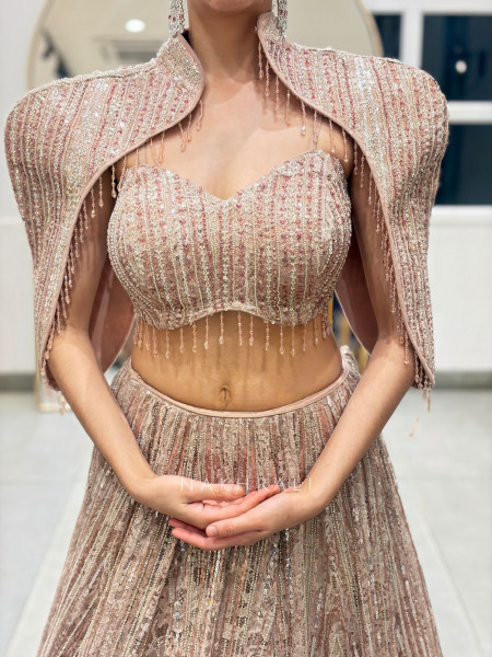 Prismora Peach Net Indo Western Lehenga Set with Sequin Cape and Crystal Tassels
