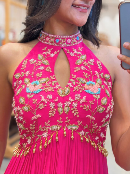 Gulnaz Magenta Pleated Halter Gown