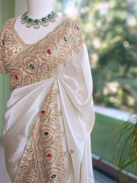 Celestial White Satin Silk Saree With Red Embroidered Dupatta