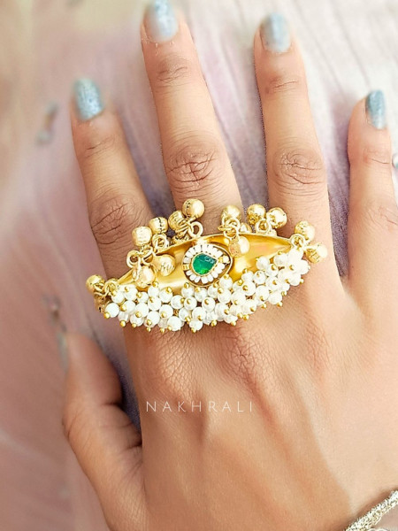 Rajshree Green Stone Statement Ring with Pearls & Ghungroo