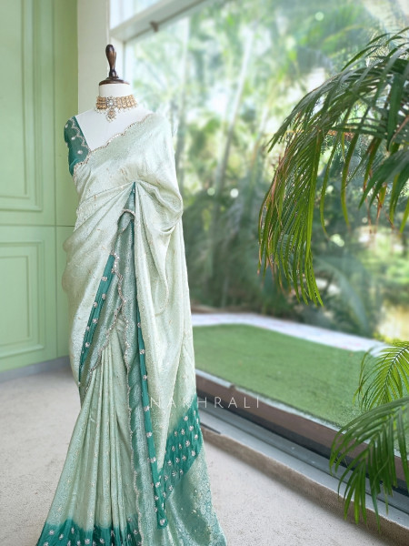 Haritprabha Sage Green Georgette Katan Silk Saree with Running Blouse